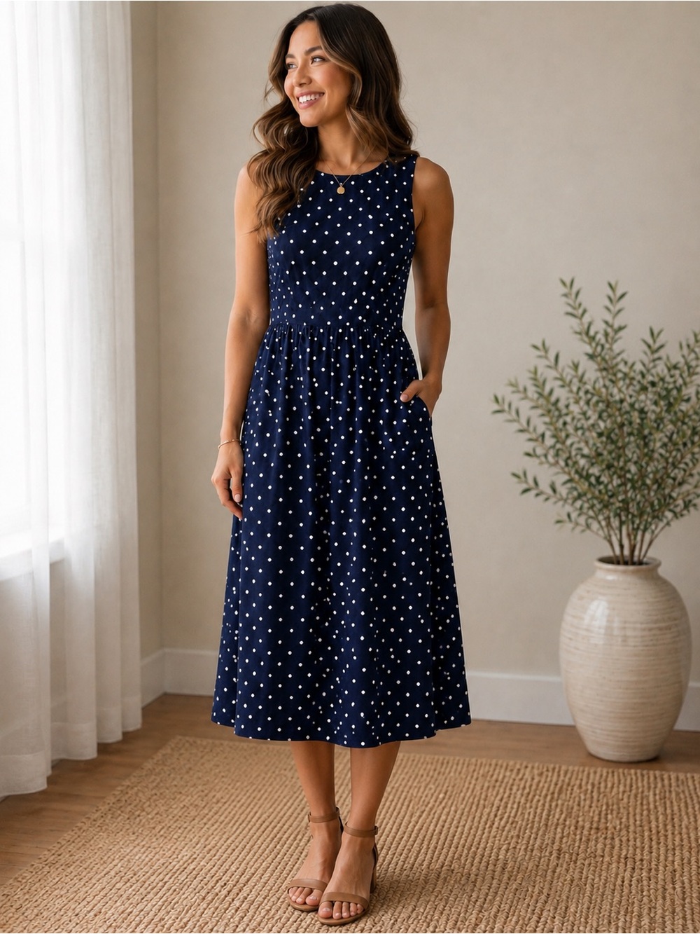 Anthropologie Meadow Rhodes Navy Blue Polka Dot Smocked Midi Dress Size PXL